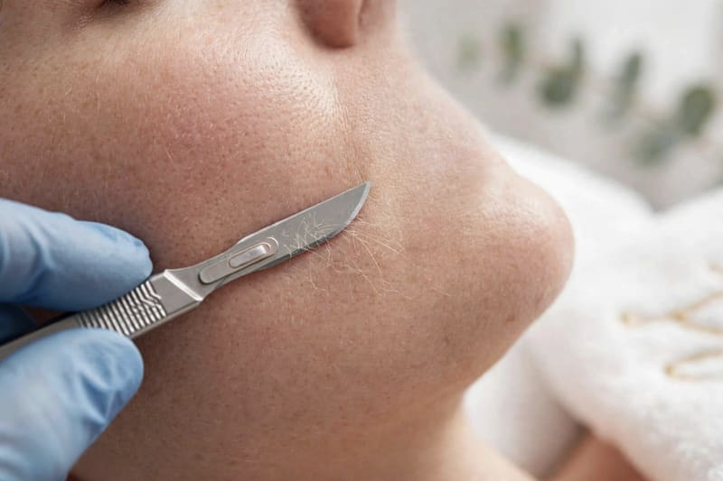 A sterile blade lifting dead skin and fine hair from the cheek
