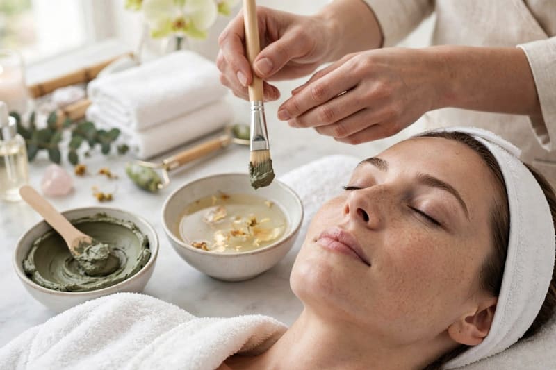 A botanical treatment mask brushed on during a facial
