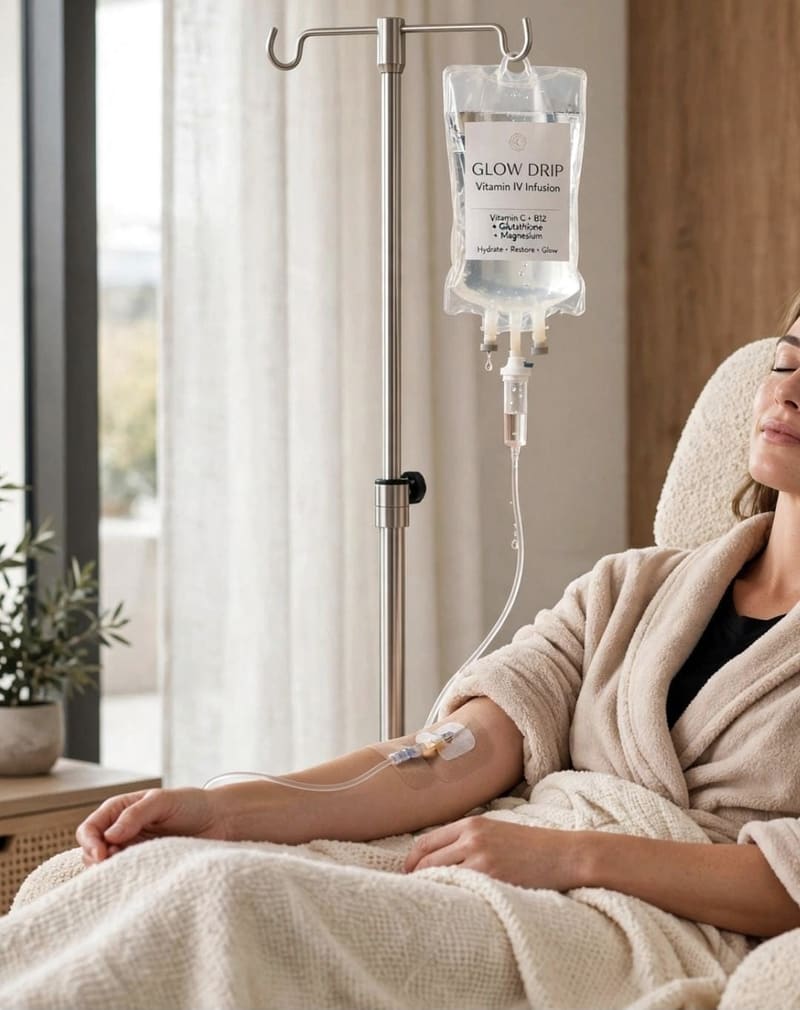 A vitamin drip running while a client rests in a robe
