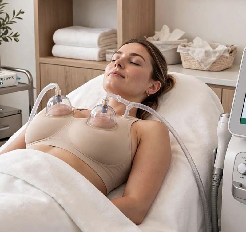 Vacuum cups in place over a sports top during a bust lift session
