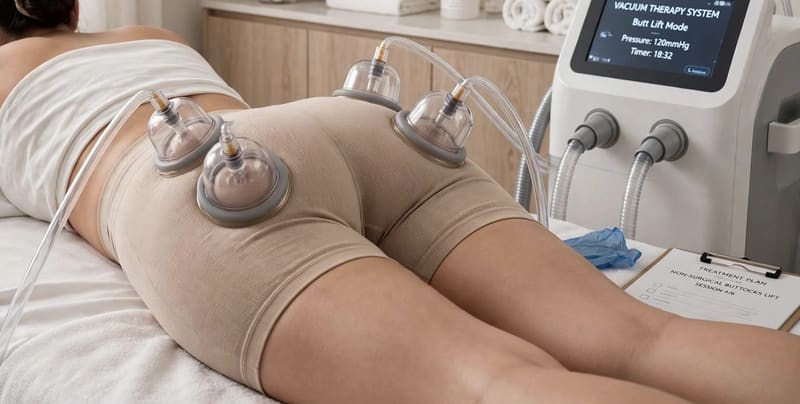 Vacuum cups in place over shorts during a buttock lift session