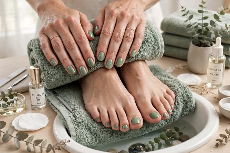 Finished hands and feet resting on a towel after a manicure and pedicure