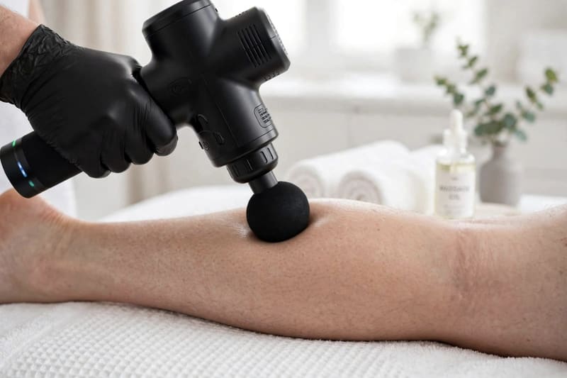 A percussive massage gun worked over the calf