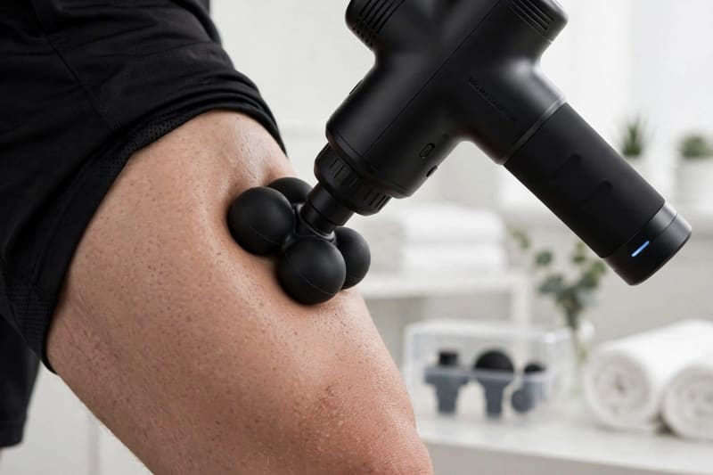 A percussive massage gun worked over the thigh