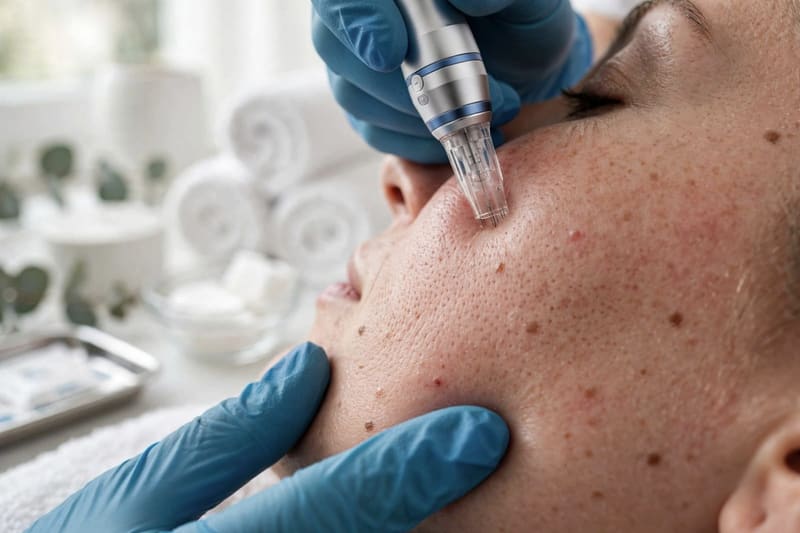 A microneedling pen worked across the cheek