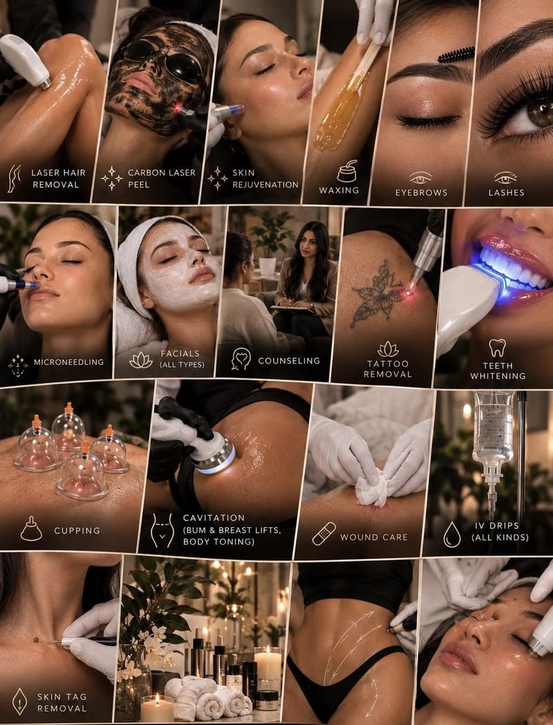 The FemmeRevive services card: laser hair removal, carbon laser peel, skin rejuvenation, waxing, eyebrows, lashes, microneedling, facials, counselling, tattoo removal, teeth whitening, cupping, cavitation, wound care, IV drips and skin tag removal