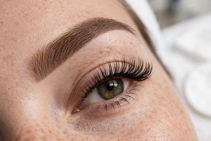 A lash set and a shaped brow, seen close up