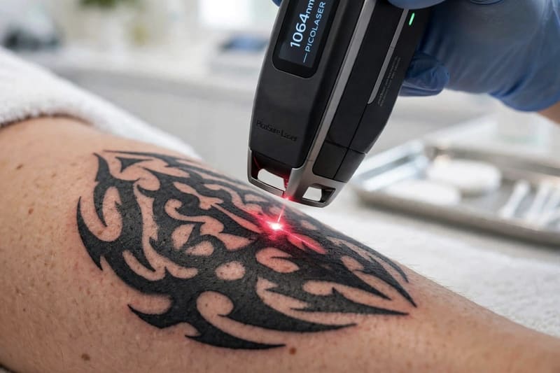 A picosecond laser breaking up a black tattoo on the arm