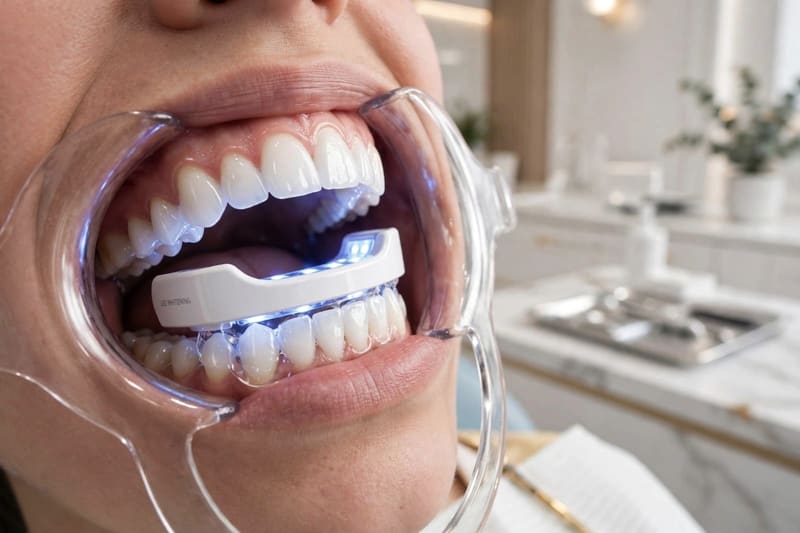 An LED whitening light held in place over the teeth