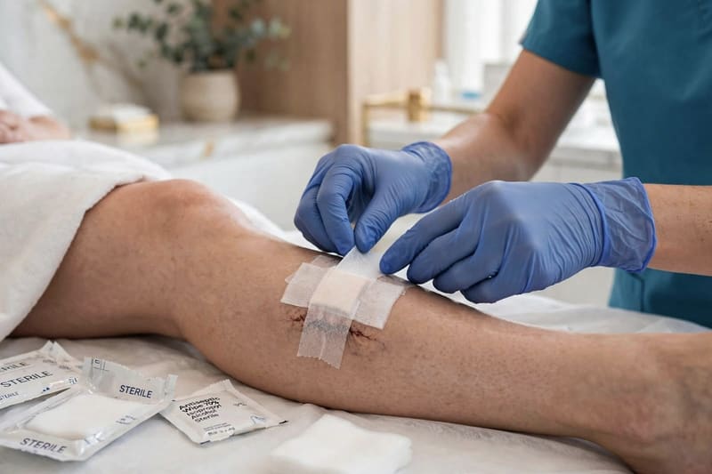 A sterile dressing being applied to a healing wound on the leg